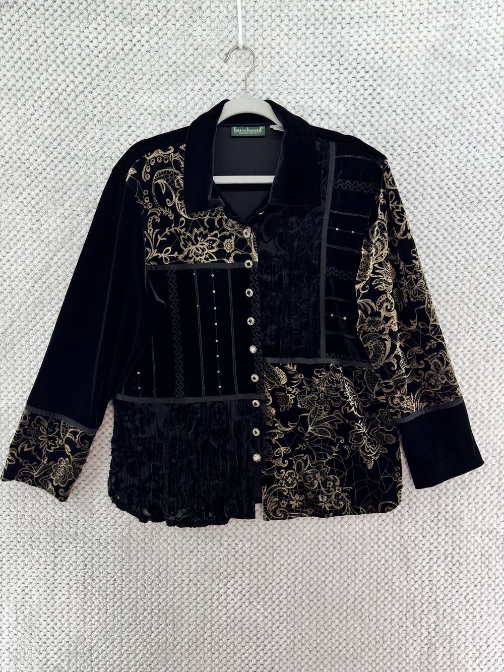 VTG Harve benard Velvet Burn out Patch Jacket Women XL Black Sequin Tapestry